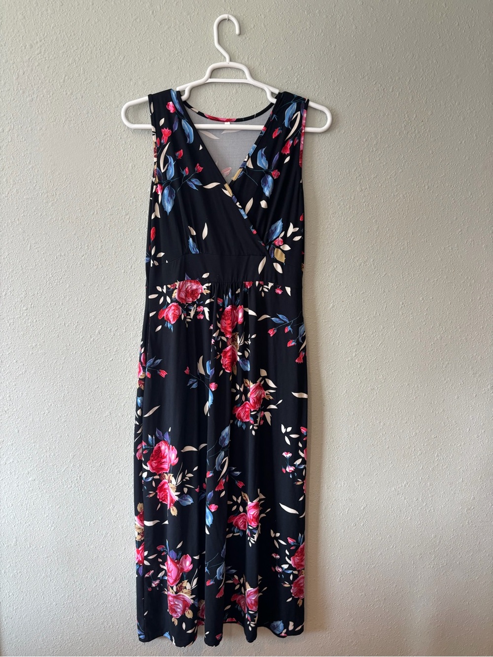Floral V-Neck Black Maxi Dress with Pink & Blue Blooms